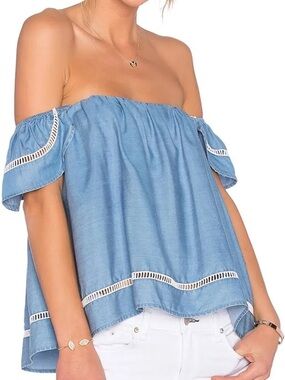 Lovers + Friends Light Blue Off-Shoulder Chambray Top